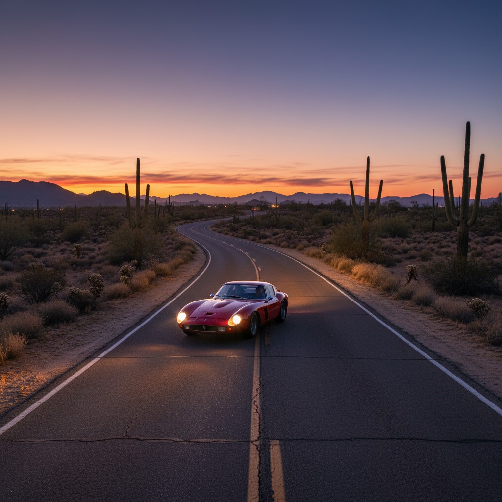 A red sports car drives down a desert road at sunset.