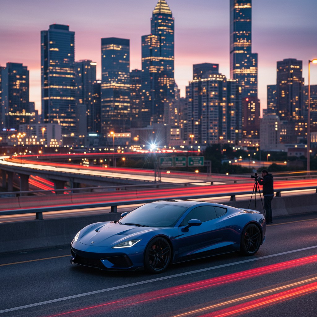 A blue sports car is driving on a city highway at night, with a photographer in the background, the city skyline in the di...