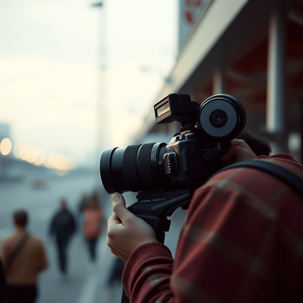 A person in a red sweater holding a professional grade camera, attached to a monopod, set up outdoors on a sidewalk opposi...